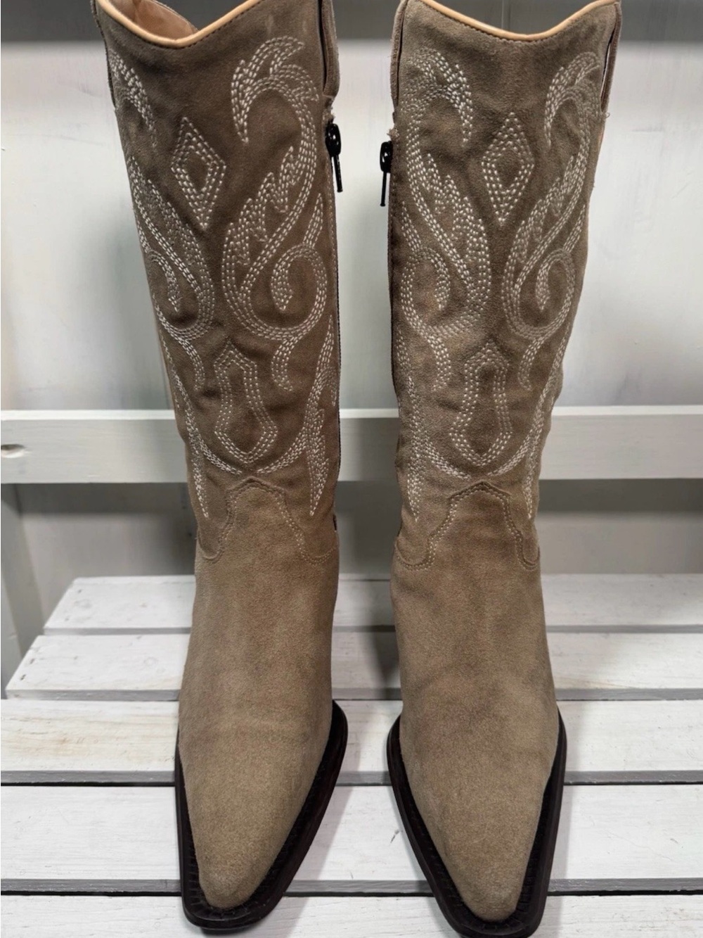 JK Acid retro Italian  Taupe Suede Embroidered Western Knee-High Boots size 6